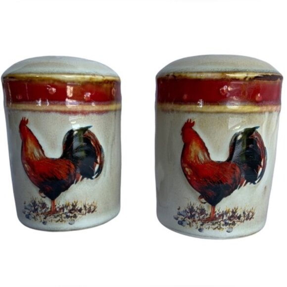 Farmhouse Rooster Salt Pepper Ceramic Shaker Set Hand Painted 2 PC - Picture 2 of 16